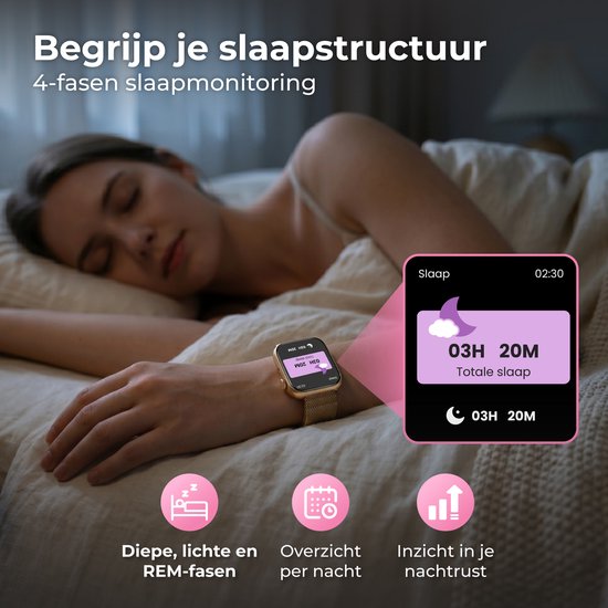 Nuvance Smartwatch Dames - Stappenteller Horloge Dames - Hartslagmeter - Sporthorloge - Geschikt voor iOS/Android - AMOLED - Incl. 5 Bandjes - Goud