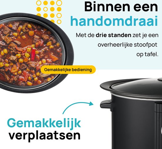 MOA Slowcooker met Timer - 6,5L - Ø 24,5cm - Aluminium Binnenpan - Doorzichtige Deksel - 3 Warmtestanden - Vaatwasserbestendig - BPA-Vrij - Zwart