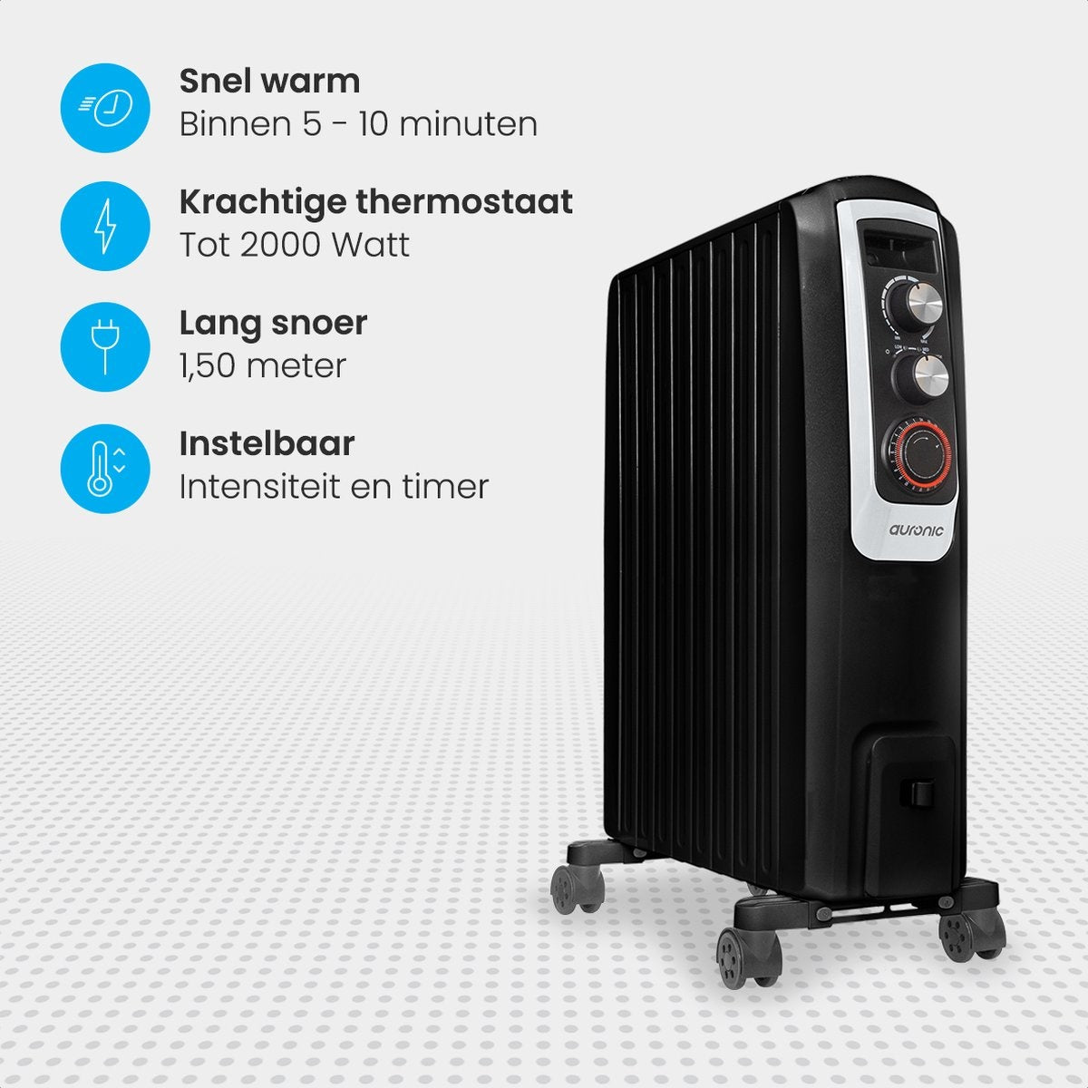 Auronic Elektrische Kachel – Olieradiator Met Thermostaat En Timer – 2000W – Compact En Mobiel – 47,5 x 26 x 67 cm – Zwart