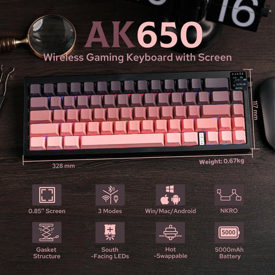 Ajazz AK650 - Draadloos Gaming Toetsenbord - Mechanisch - Gasket - Hot Swap - Tri-mode - QWERTY - 66 Toetsen - Bramen