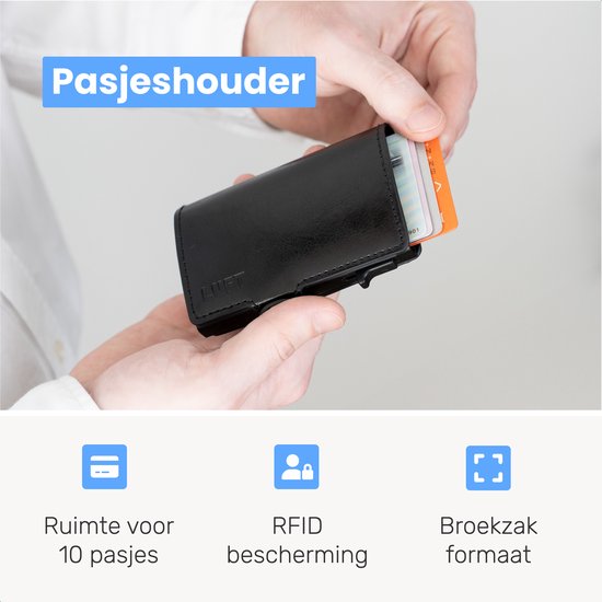 LUFT Pasjeshouder voor 10 pasjes Leer - Veilig - Uitschuifbaar - RFID bescherming - Kaart - Portemonnee - Aluminium - Heren - Voor mannen en vrouwen - Pasjes houders - Zwart