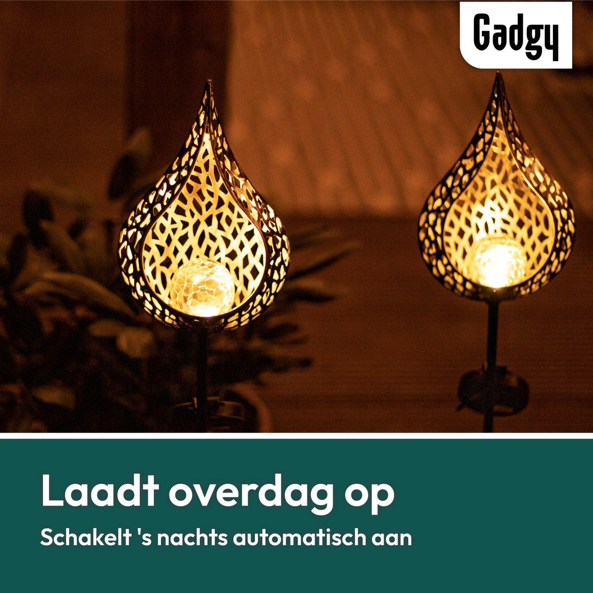 Gadgy Solar Tuinfakkel Druppel met Grondspies - Solar Tuinverlichting Set van 2 st. - Tuinsteker 90CM Hoog - Tuinverlichting op Zonneenergie Buiten - Led Buitenverlichting met Sensor - Tuinlantaarn - Koperkleurig Metaal