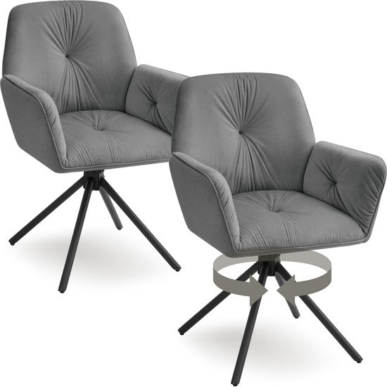 tectake® Draaifauteuil Lenia - Set van 2 Draaifauteuils met Armleuning - Draaibare Eetkamerstoel - Draaibare Fauteuils - Gestoffeerd - Fluweellook Antraciet/Zwart