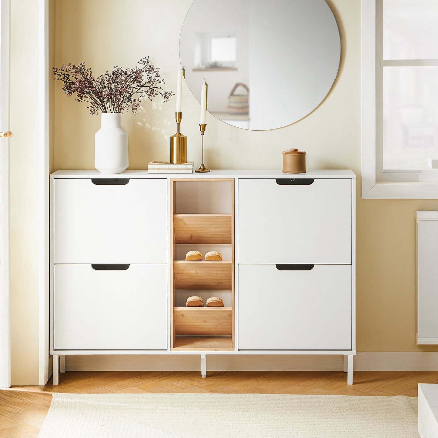 SoBuy Schoenenkast FSR183-WN - 4 Kieplades - 3 Open Vakken - 126 x 19 x 85 cm - Wit