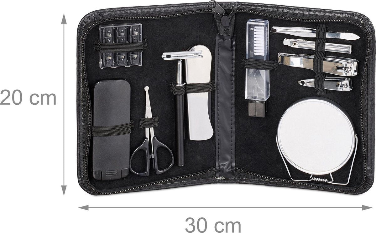 Relaxdays Baardverzorging / manicure set 11-delig - verzorgingset voor mannen - o.a. baardschaar / baardkam / scheermes in leren opbergetui