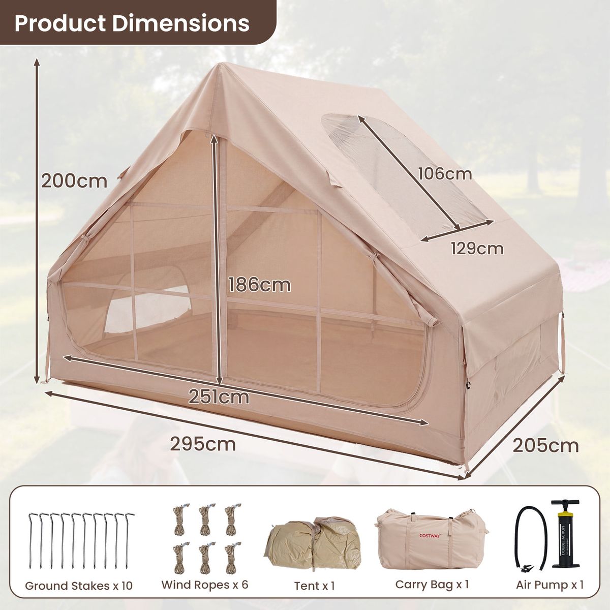 Coast Opblaasbare Kampeertent - 4 personen - 2 deuren en dakraam - kaki - 295 x 205 x 200 cm