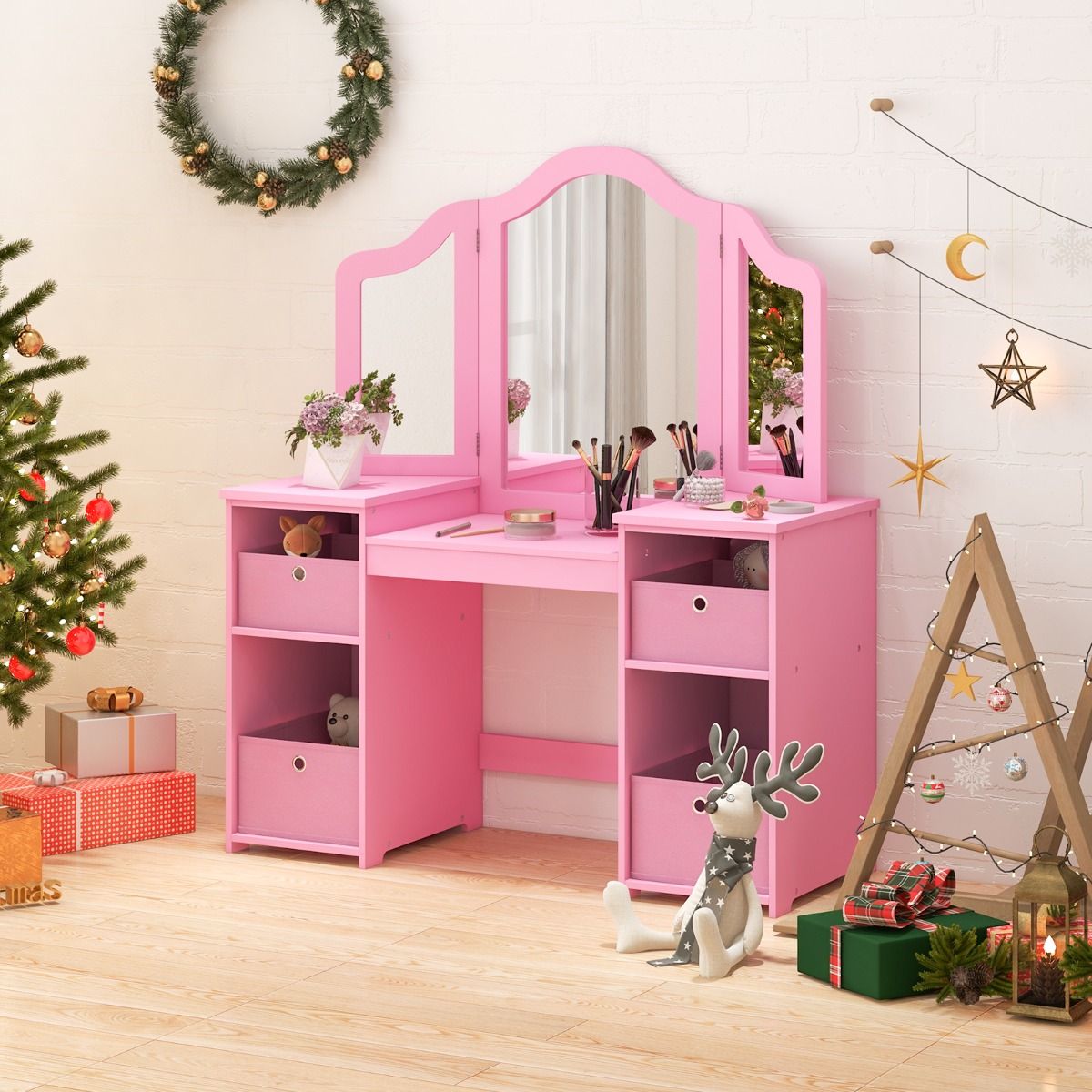 Coast Kinderkaptafel en Schrijftafel - Afneembare Driewegspiegel - Met Opbergbakken - Roze