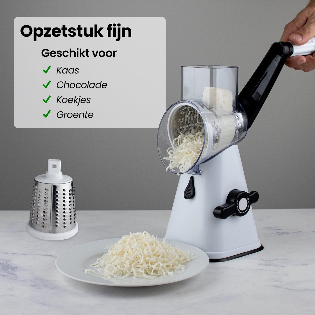 Nimma Trommelrasp - Inclusief 3 Opzetstukjes en Spiraalsnijder - Geschikt als Kaasmolen en Rasp - Wit