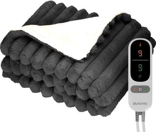 Auronic Elektrische Deken - 160 x 120cm - Warmtedeken - 1 Persoons - 3 Warmtestanden - Pluche - Verwarmingsdeken - Antraciet