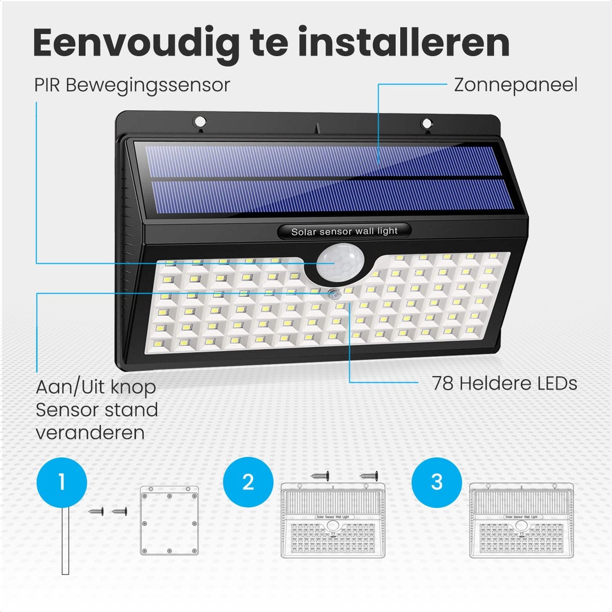Auronic Solar Buitenlamp met Bewegingssensor - Tuinverlichting Op Zonne-energie - Wandlamp - 78 LED's - IP65 - 2 Stuks - Zwart