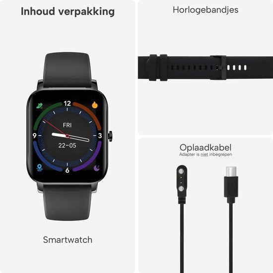 Smartwatch voor Dames en Heren - Stappenteller, Bloeddrukmeter en Hartslagmeter - Sporthorloge - Spatwaterdicht – Zwart - BREND BR-2223