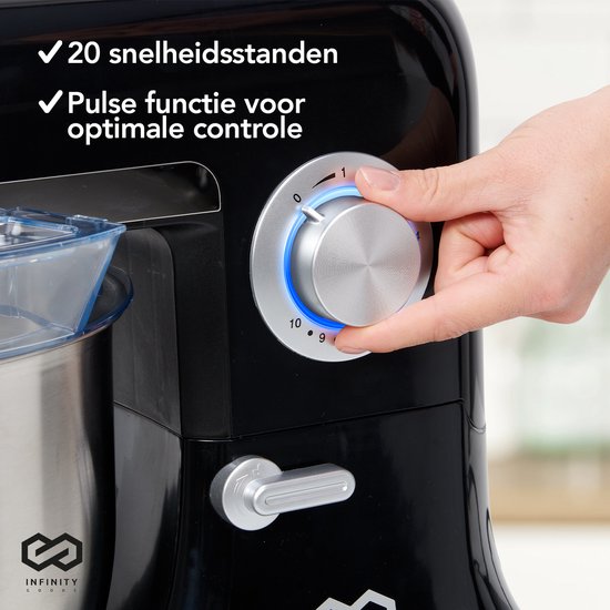 Infinity Goods Keukenmachine - Keukenmixer - 6,5L RVS Mengkom - Keukenrobot - Foodprocessor - Met Accessoires - 1600W - Zwart