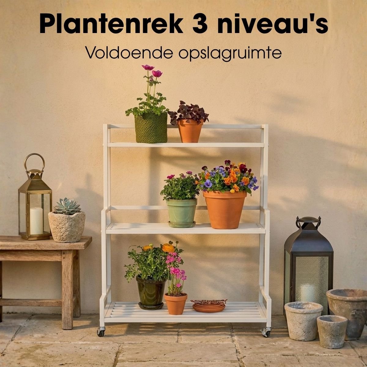 Mica Decorations Greenrax Plantenrek op Wielen - Meerdere Plateaus - 80 x 35 x 100 cm - Gebroken Wit