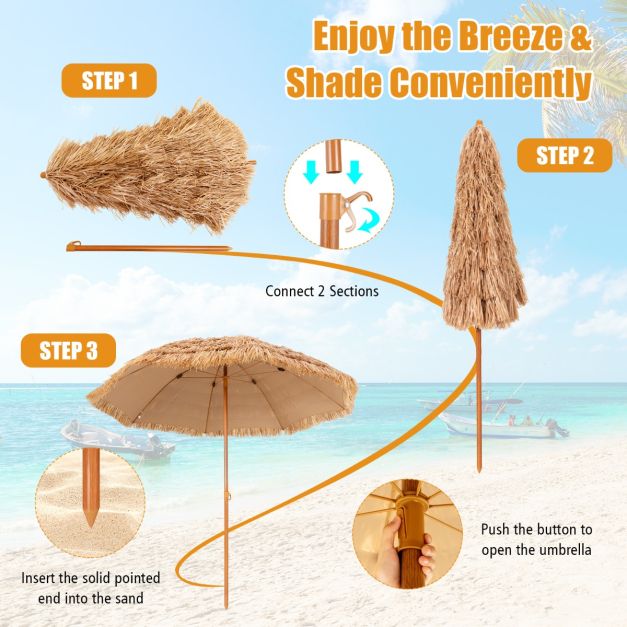 coast Hawaiiaanse Stijl Stroparasol Ø205 cm – Natuurlijk Design met 8 Metalen Ribben