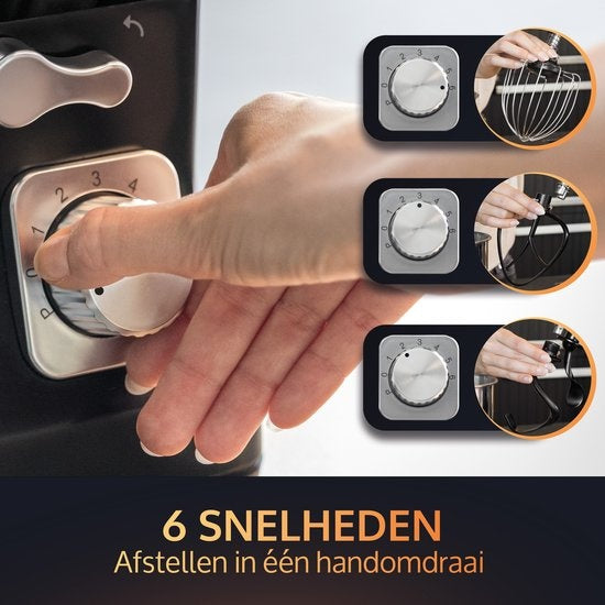 JAP Appliances Mastermix - Keukenmachine (1000W) - Keukenrobot met 6 snelheden en pulse-functie - Mixer met 5.7 liter mengkom - Inclusief pannenlikker - Mat zwart