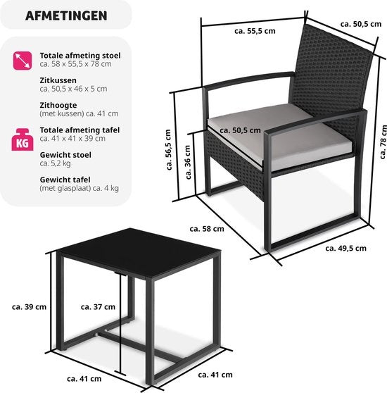 tectake® - wicker zitgroep 2x fauteuils met tafel, balkonmeubelset, tuinmeubelen, balkonmeubilair, kleine lounge, gestoffeerde stoelen inclusief buitentuintafel, weerbestendig - zwart - poly-rattan