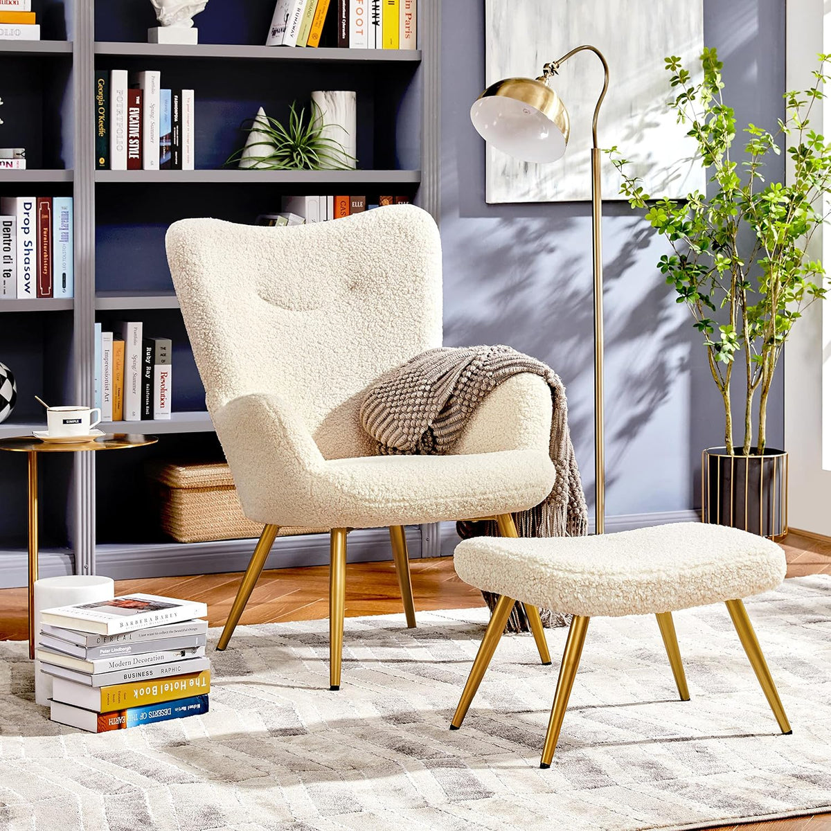Yaheetech Oorfauteuil met Voetenbank – Teddy Stof – Ivoorwit – 67,5 x 70 x 97,5 cm