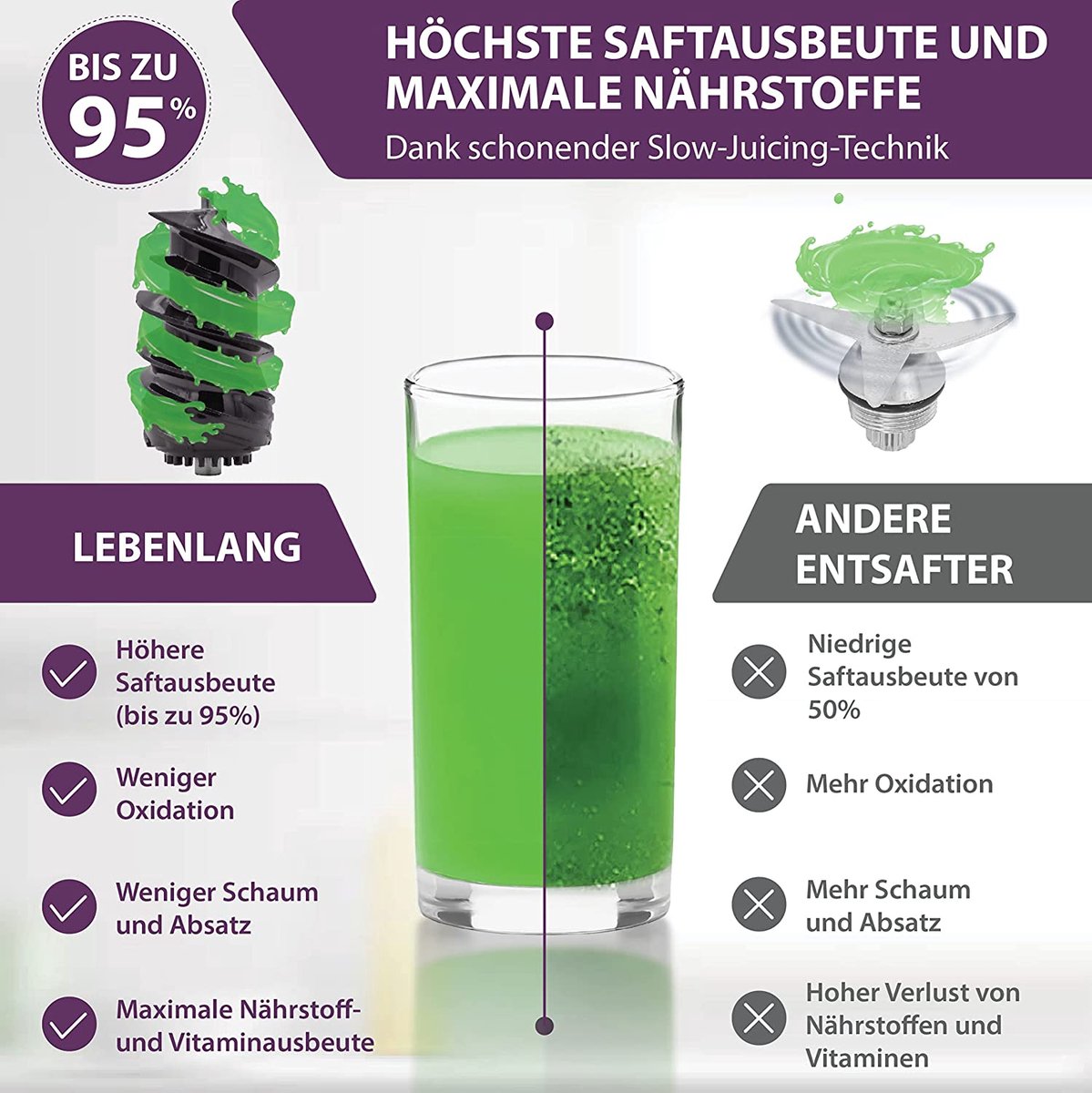 LEBENLANG Slow Juicer 45x35x25 cm – Grijs – BPA-vrije koudepers voor groente & fruit, keramische persslak, elektrische sapmaker voor selderij, wortel & smoothies