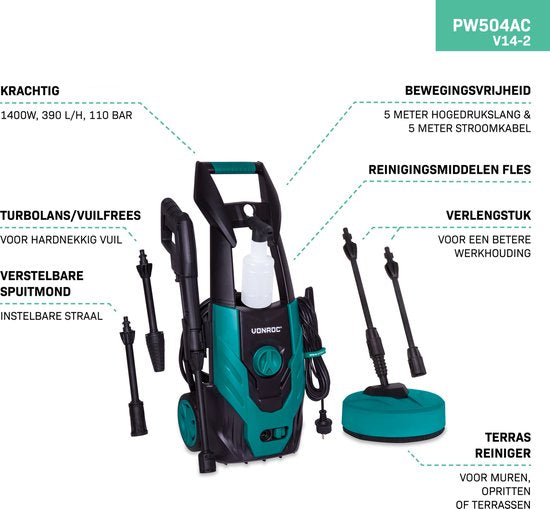 VONROC Hogedrukreiniger V14-2 - 1400W - 110 bar - 390 l/u - Incl. 5m slang, reinigingsmiddelen flesje, terrasreiniger en meer
