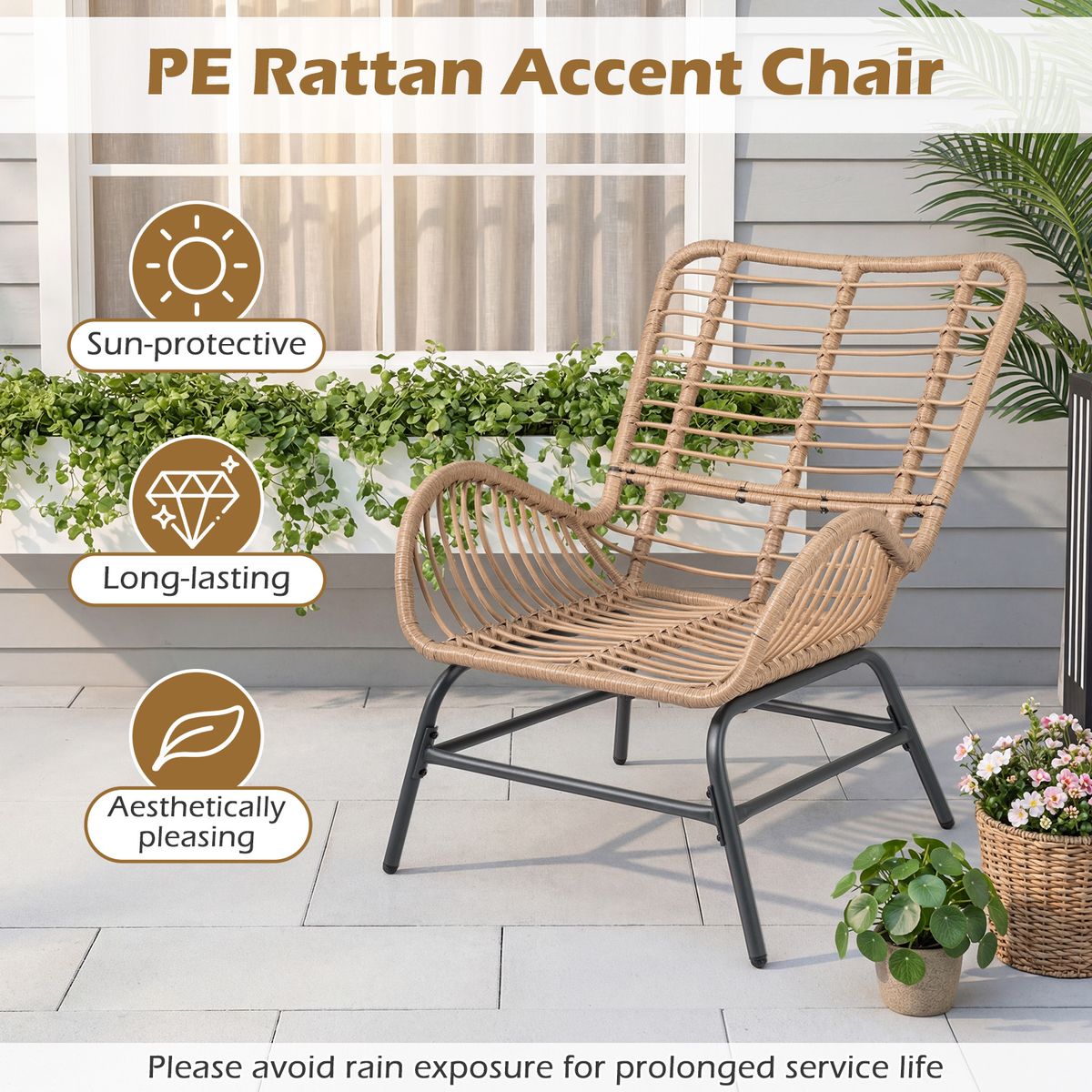 Coast Rotan tuinstoel - ergonomisch ontwerp - inclusief dik kussen - beige - 1 stuks