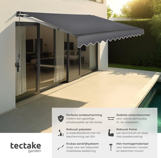 tectake® Zonnescherm met Knikarm - 300 x 250 cm - Zonneluifel - Zonwering voor Raam, Balkon, Buiten - Te Monteren aan Muur - Water- en UV-Bestendig - Donkergrijs