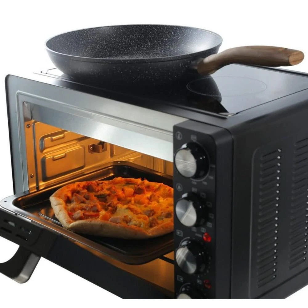 Hanseatic – Multi-Oven met 2 Keramische Kookplaten – 28 Liter & 3100 Watt – Met Boven- en Onderwarmte & Grillfunctie – Compacte Bakoven – Zwart Metaal & Glas