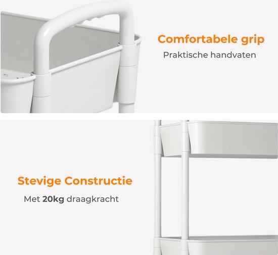 Posity Keukentrolley op wieltjes – Serveerwagen / Opbergtrolley / Keukenrek / Trolley Keuken – Verrijdbaar en Vast – 3 Lagen – Kunststof – Wit