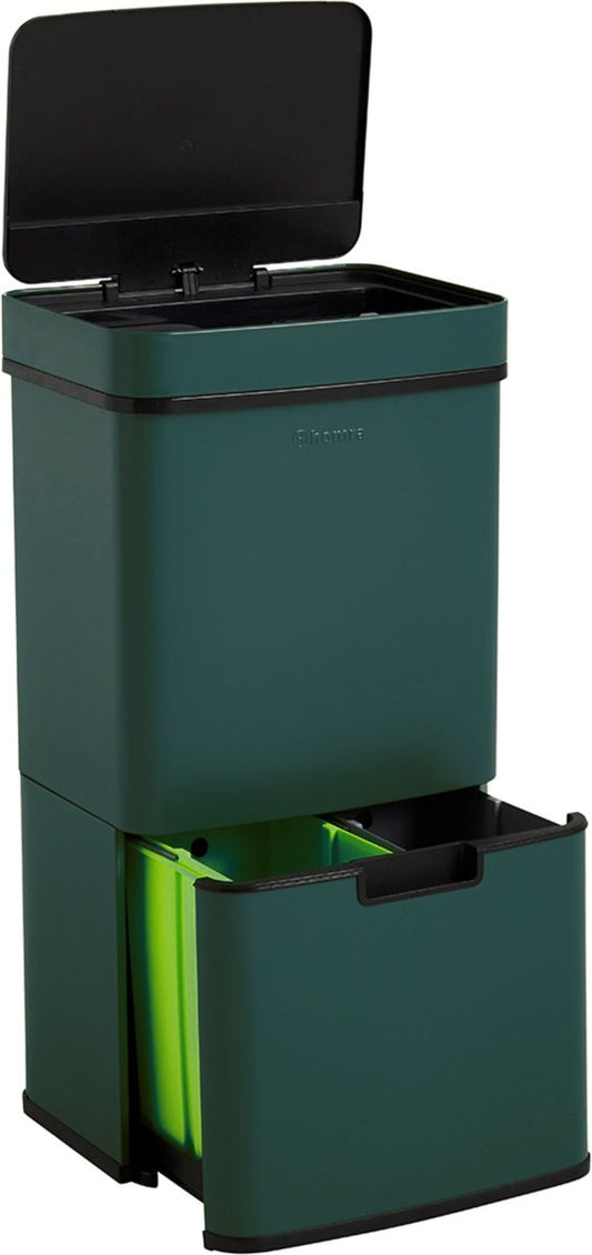 Homra NEXO Prullenbak Afvalscheiding 3 vakken - 72 Liter (2x12 + 48 L) met infrarood Sensor - Design Trio Afvalemmer RVS - Groen - Afvalscheidingsprullenbak - Keuken Afvalemmer - Petrol Groene Recycle Afvalbak - Hygiënisch - Kantoor - Elektrisch