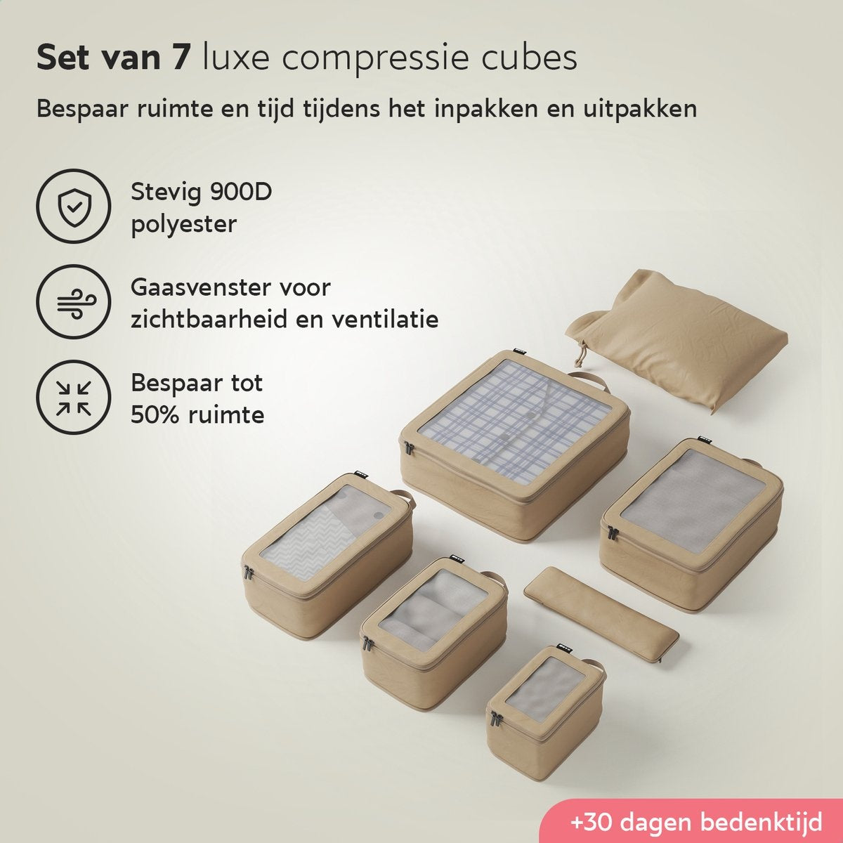 ONYX Compressie Packing Cubes - 7 stuks - Koffer Organizer Set - Compressie rits - Voor koffers en tassen - Bagage & Backpack Compression - Beige