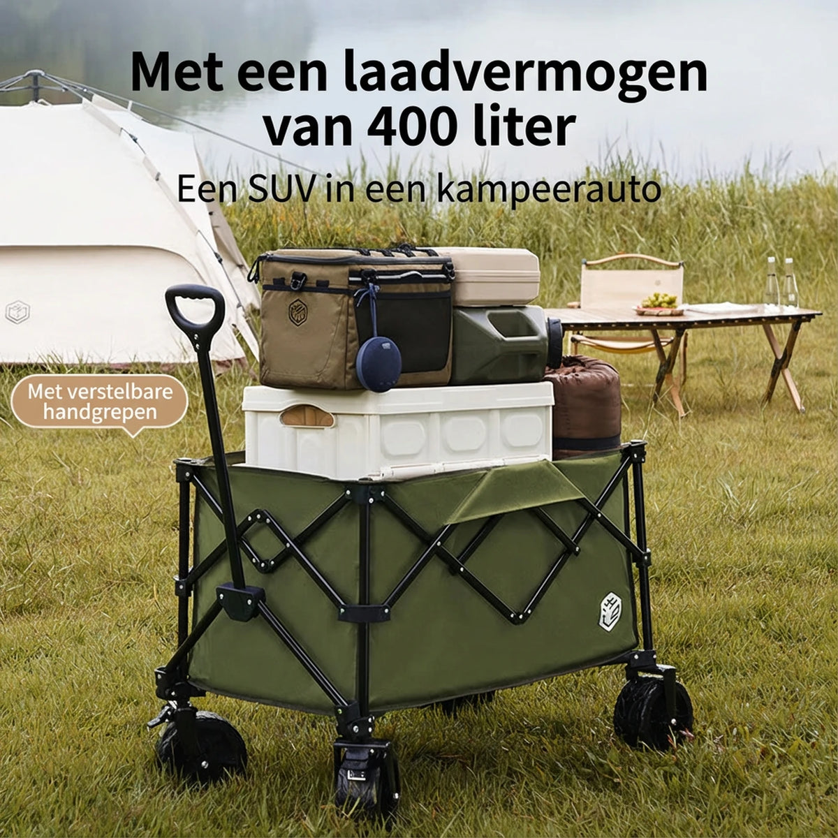 Ochama Opvouwbare Bolderkar - 200 Liter - Terreinwielen met Dubbele Rem - Extra Groot - Groen