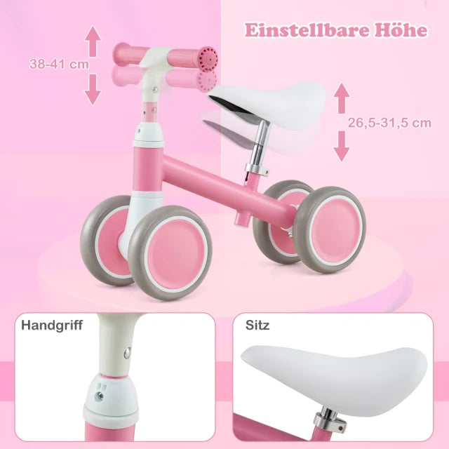 Coast Loopfiets 4 Wielen 51 × 25 × 38/41 cm – Roze – Verstelbare Baby Loopfiets voor Kinderen van 1 tot 3 Jaar