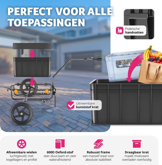 tectake® 2-in-1 fietskar - Bagagekar en duwwagen - Aanhangwagen voor fiets, mountainbikes en eBike - Transportwagen met trekhaak - Met zeildoek en luchtbanden - Belastbaar tot 50kg