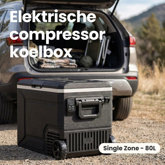 Auronic Elektrische Koelbox - Compressor - 80L - 12V en 240 volt - Camping Koelkast - Frigobox Auto - Met Wielen en Hendel - Zwart