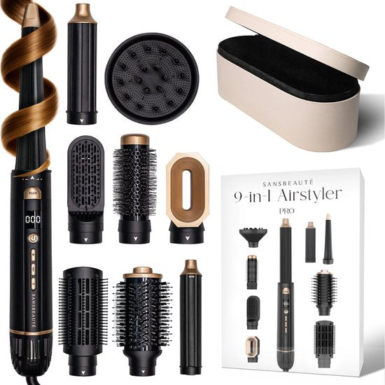 Sansbeauté® 9-in-1 Airstyler met Diffuser en Opbergdoos - Multistyler - Föhnborstel Kort Haar - Haarkruller - Haarstyler - Haardroger - Warmteborstel - Krulborstel - Krultang - Haarstijler - Stijlborstel - 5 in 1 Hairstyler