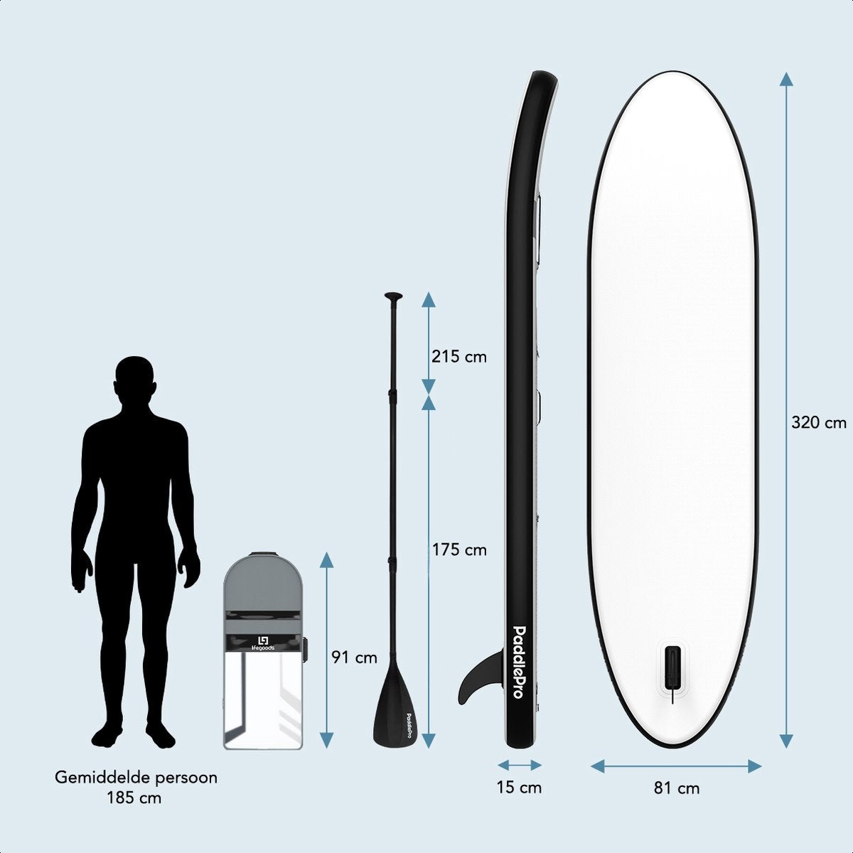 LifeGoods SUP Board - Luxe Set - met Zitje - Opblaasbaar Paddle Board - Max. 135KG - 320x81cm - Wit