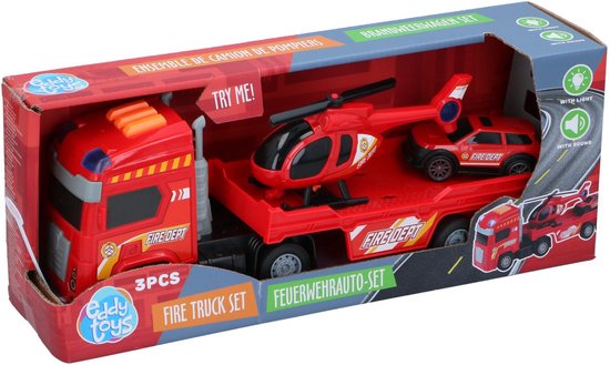 Eddy Toys Brandweerwagen Set 3 Stuks - Brandweerwagen Set met Oplegger, Helikopter en Brandweerauto - Speelgoed Auto, Helikopter en Brandweerauto Met Licht en Geluid - Brandweer - Rood