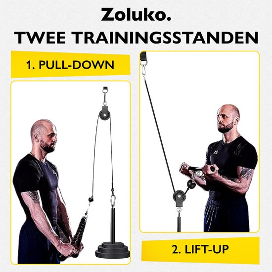 Zoluko Home Fitness Kabelsysteem 23-delige set - Incl. E-book - Krachtstation voor Thuis Sporten - Incl. Triceps Touw, Biceps Stang en Handgrepen - 100kg Draagkracht - Eenvoudige Bevestiging - Krachttraining - Lat Pulley - Home Gym - Zwart/Zilver