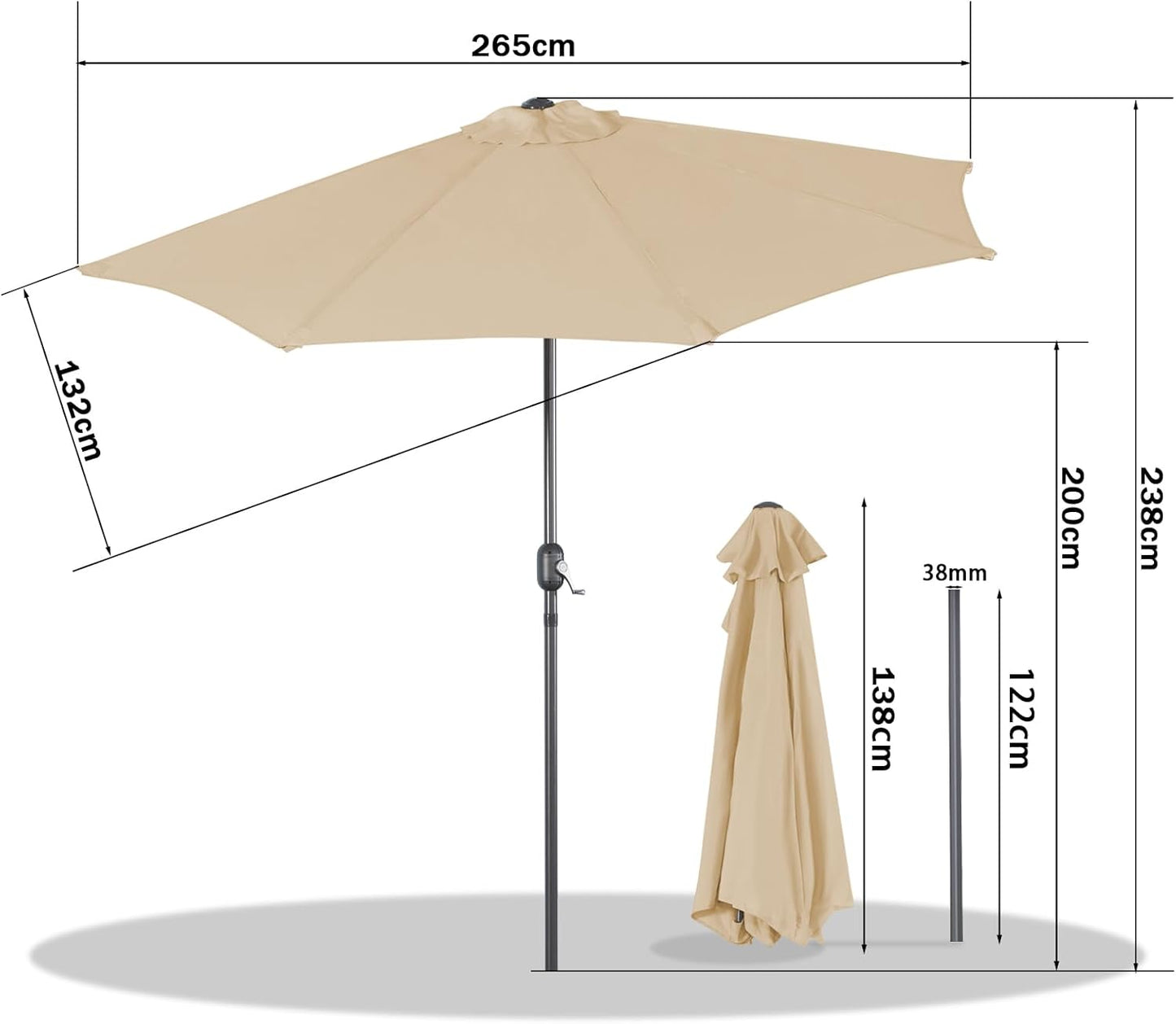 Angel Living Balkonparasol - Halfrond - 265 x 132 cm - Beige