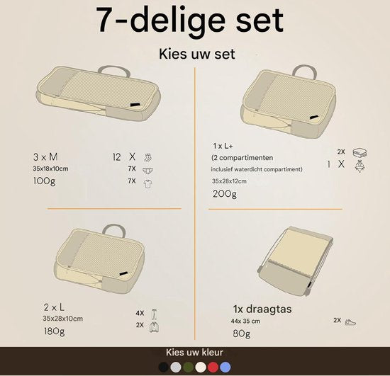 Packing Cubes met compressie voor koffer en rugzak incl. pakzak, Desert Whisper - Beige