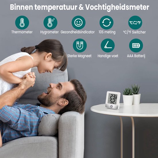Ease Electronicz Hygrometer - Luchtvochtigheidsmeter - Digitaal Weerstation - Vochtigheidsmeter - Thermometer voor Binnen - Inclusief batterij