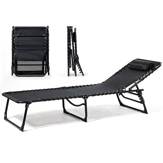 Goliving Ligbed - 5 Standen - 188 x 56 x 29 cm - Inklapbaar Zonnebed - Opvouwbaar Strandbed - Ligstoel Tuin - Inclusief Hoofdkussen - Verstelbare Rugleuning - Zwart