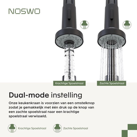Noswo Keukenkraan met Uittrekbare Uitloop - Keukenmengkraan - Handdouche - Uittrekbaar - Flexibele Slang - Zwart