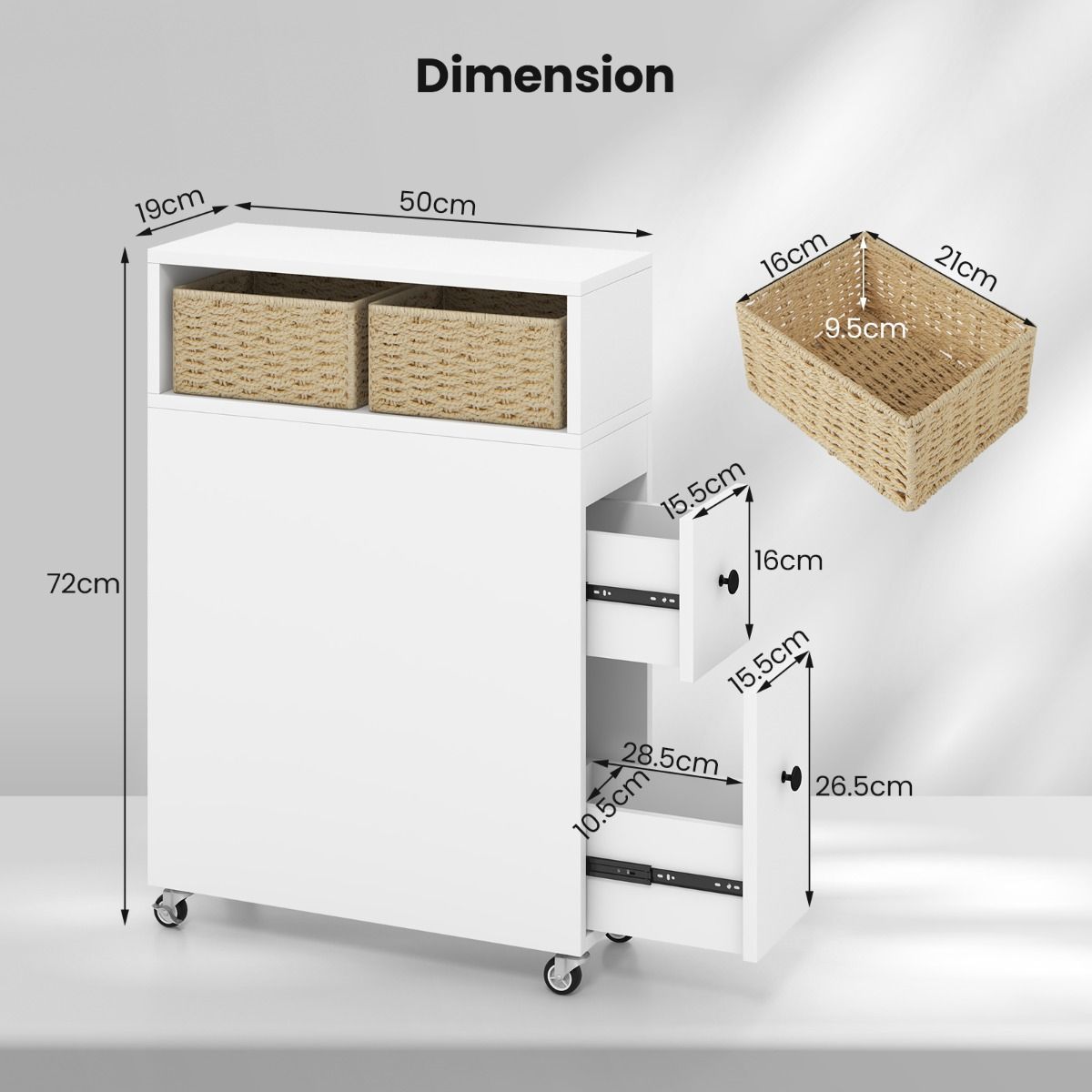 Coast Smalle Opbergkast op Wielen - 2 Schuifladen - 2 Rotanmanden - 50 x 19 x 72 cm - Wit