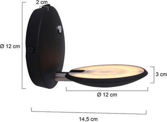 Steinhauer Zenith LED - Wandlamp Modern - Zwart - H:12cm - Ø:12cm - Universeel - Voor Binnen - Metaal - Wandlampen - Slaapkamer - Woonkamer