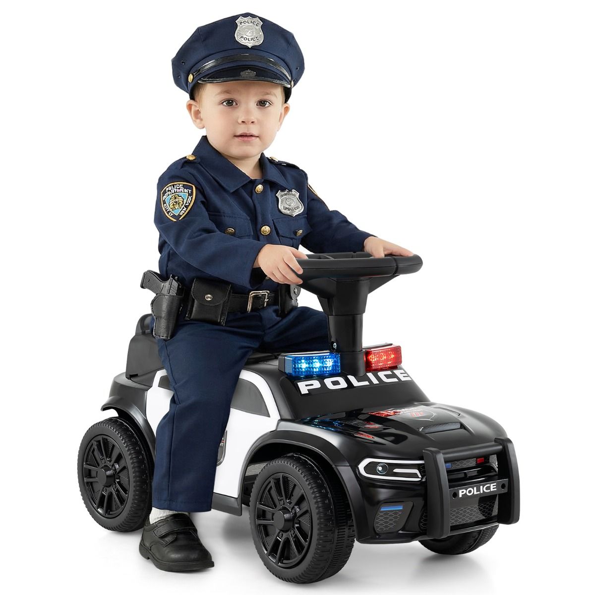 Coast Elektrische Politieauto voor Kinderen - Zwaailichten en Muziek - Opbergruimte onder de Zitting - Zwart