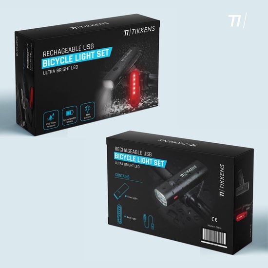 TIKKENS LED Fietsverlichting Set - Fietslamp USB Oplaadbaar - Fietslampjes Voorlicht & Achterlicht - MTB & Racefiets Verlichting - Waterdicht Fietslicht voor en achter
