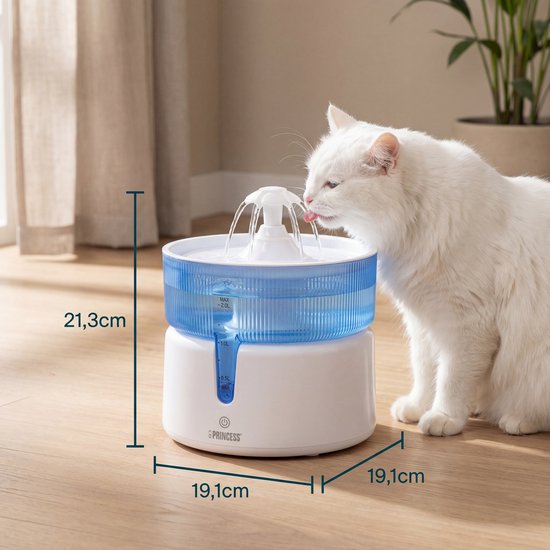 Princess Drinkfontein voor Kat - 2 Liter – 4‑laags Filtratie – Fluisterstil 30 dB – BPA‑vrij – Draadloze Pomp – Incl. Filter - Katten & Honden - Makkelijk Schoon te Maken - 620010