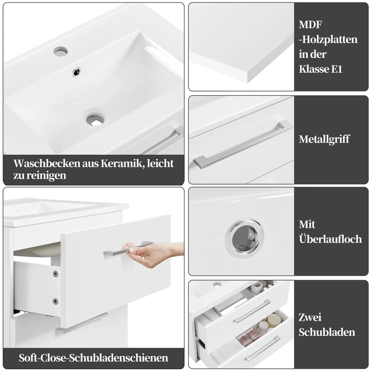 Yaheetech Hangende Wastafelonderkast met Keramische Wastafel - 2-delig - 61 x 39,5 x 45,5 cm - Wit