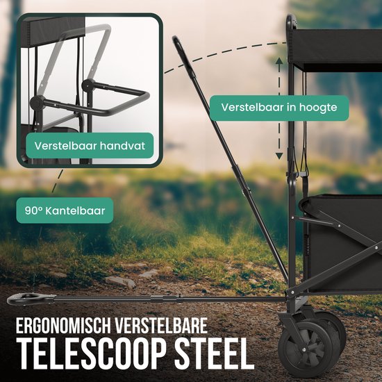 Avalo Bolderkar Met Dak XL - Opvouwbaar - Tot 110KG - 97x60x105 CM - 120L - 360º Wielen - Zwart