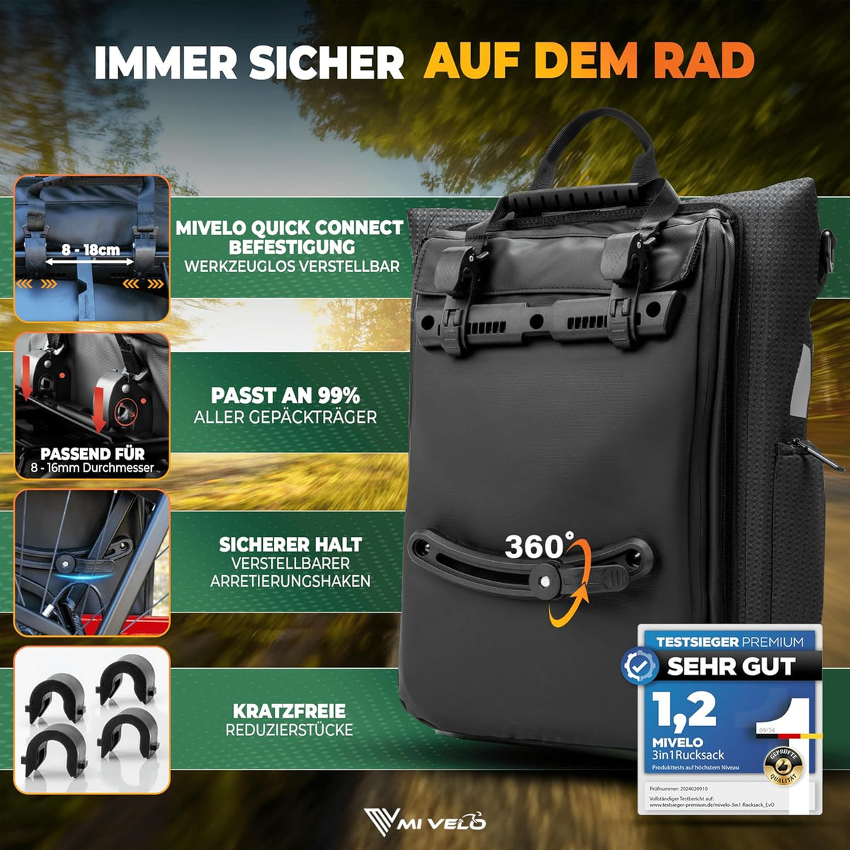 MIVELO 3-in-1 Waterdichte Fietstas, Rugzak en Schoudertas – 25L, Zwart Reflecterend – Met Laptopvak & Snelle Ombouwfunctie